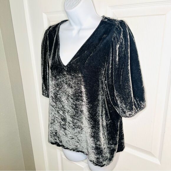 LOFT V-Neck Puff Sleeve Velvet Top Charcoal Gray S - Picture 6 of 11